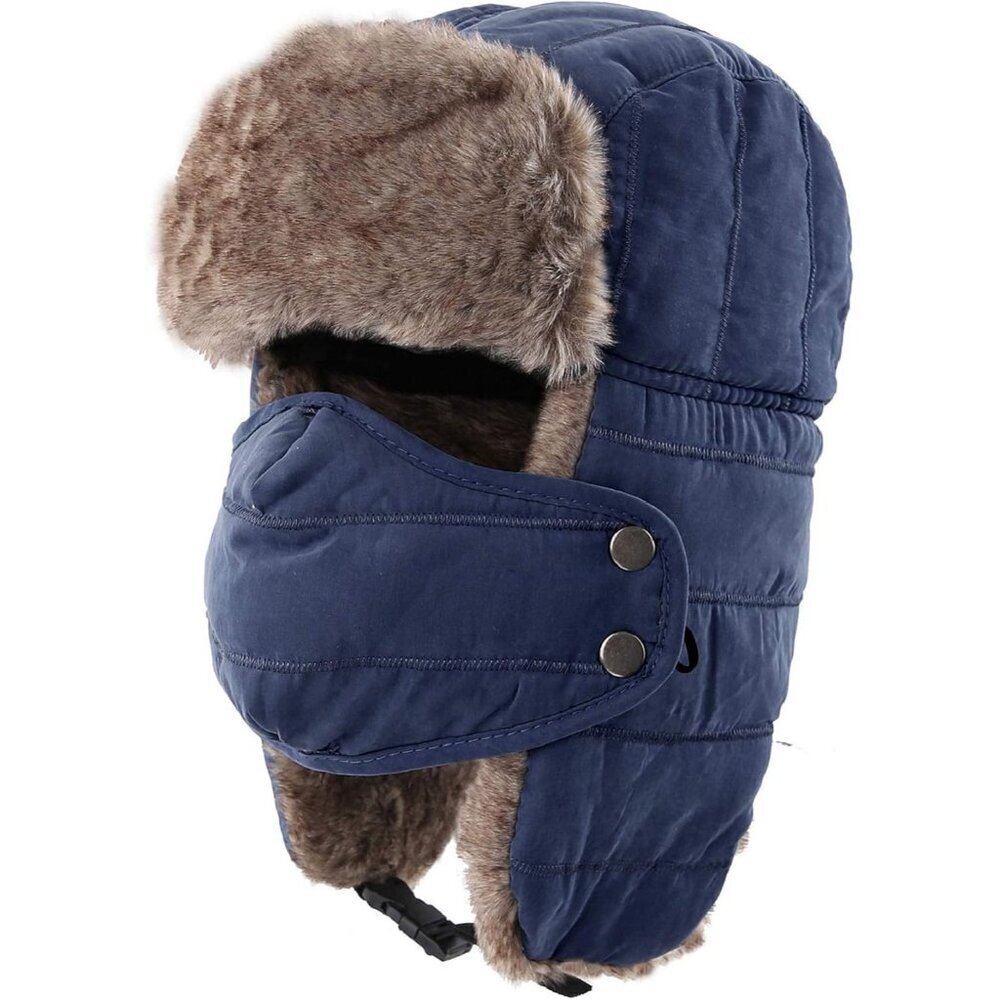 Men's Navy Blue Trooper Trapper Hat Warm Winter Hunting Cap w/ Removable Mask